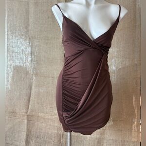 Elegant Brown Draped Mini Dress